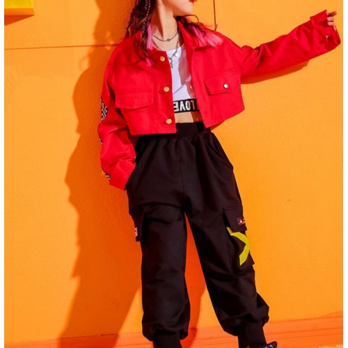 Girls kids hiphop street dance costumes school competition show stage performance rap dance coat and pants